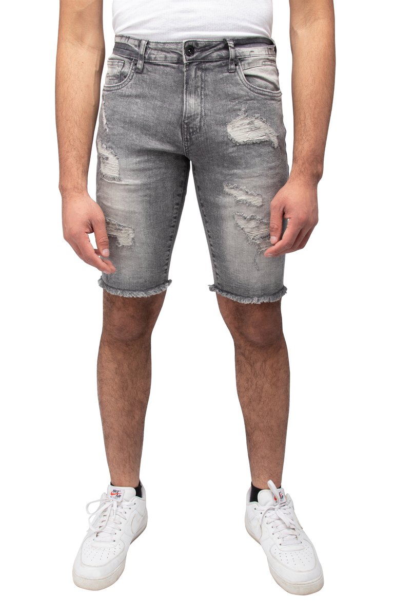 Men's Rips Distress Frayed Cut Off Denim Shorts - Grey