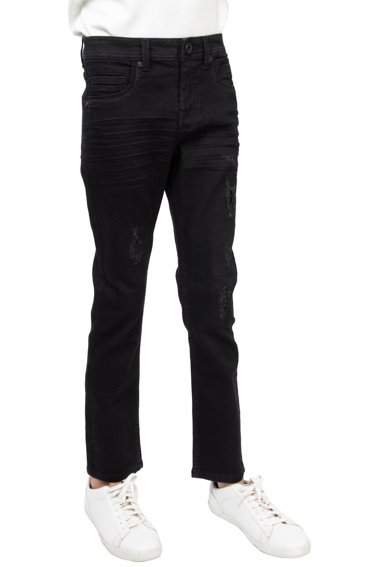 Skinny Look Stretch Jeans With Fashion Rips For Boys - Jet Black