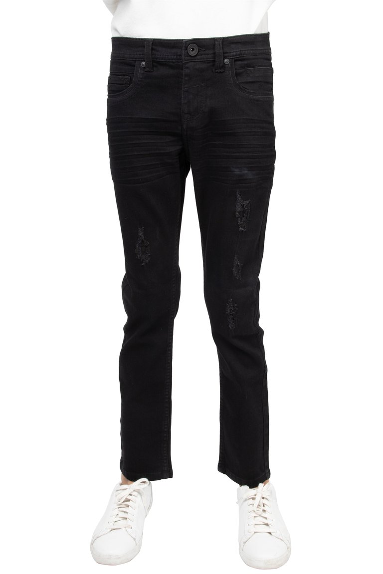 Skinny Look Stretch Jeans With Fashion Rips For Boys - Jet Black - Jet Black