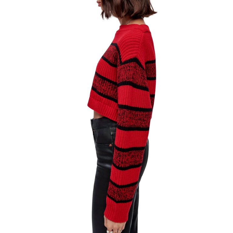 Cropped Boatneck Pullover Sweater In Red Black Rugby