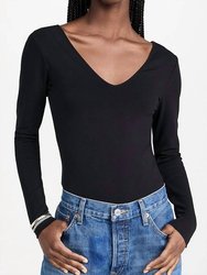 V Neck Long Sleeve Bodysuit - Black