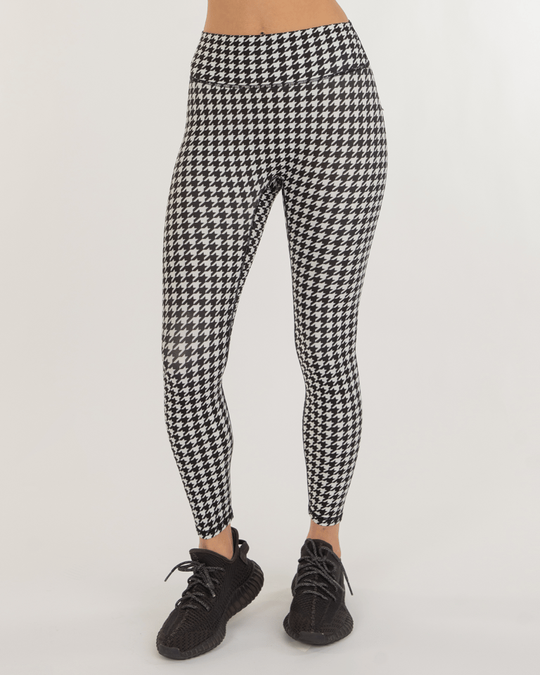 Hybrid Fleece Houndstooth Print Leggings High Waist - White/Black