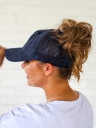 Hidden Messy Bun Baseball Cap - Midnight Blue Mesh Back