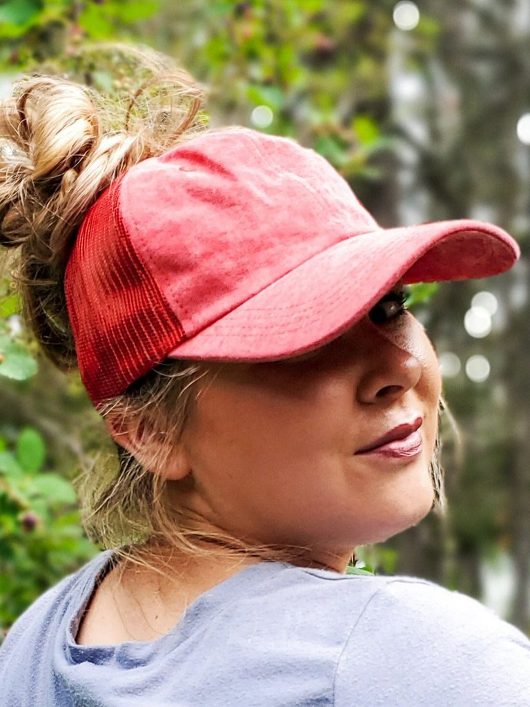 Hidden Messy Bun Baseball Cap - Red Mesh Back Hat - Red Rose