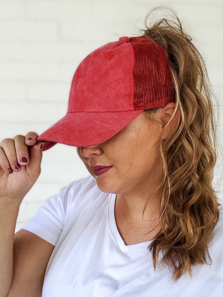 Hidden Messy Bun Baseball Cap - Red Mesh Back Hat
