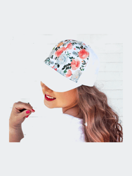 Hidden Messy Bun Baseball Cap - White Floral Hat - White