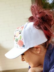 Hidden Messy Bun Baseball Cap - White Floral Hat