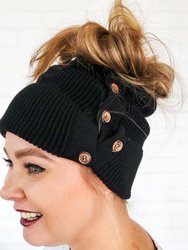 Slouchy Black Button Up Beanie | Hidden Messy Bun Hat Opening