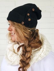 Slouchy Black Button Up Beanie | Hidden Messy Bun Hat Opening