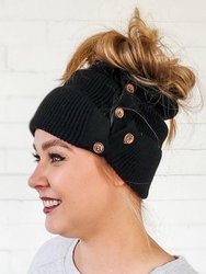 Slouchy Black Button Up Beanie | Hidden Messy Bun Hat Opening