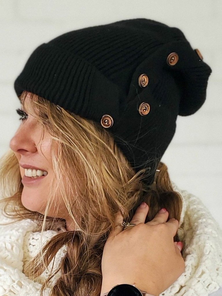 Slouchy Black Button Up Beanie | Hidden Messy Bun Hat Opening - Black