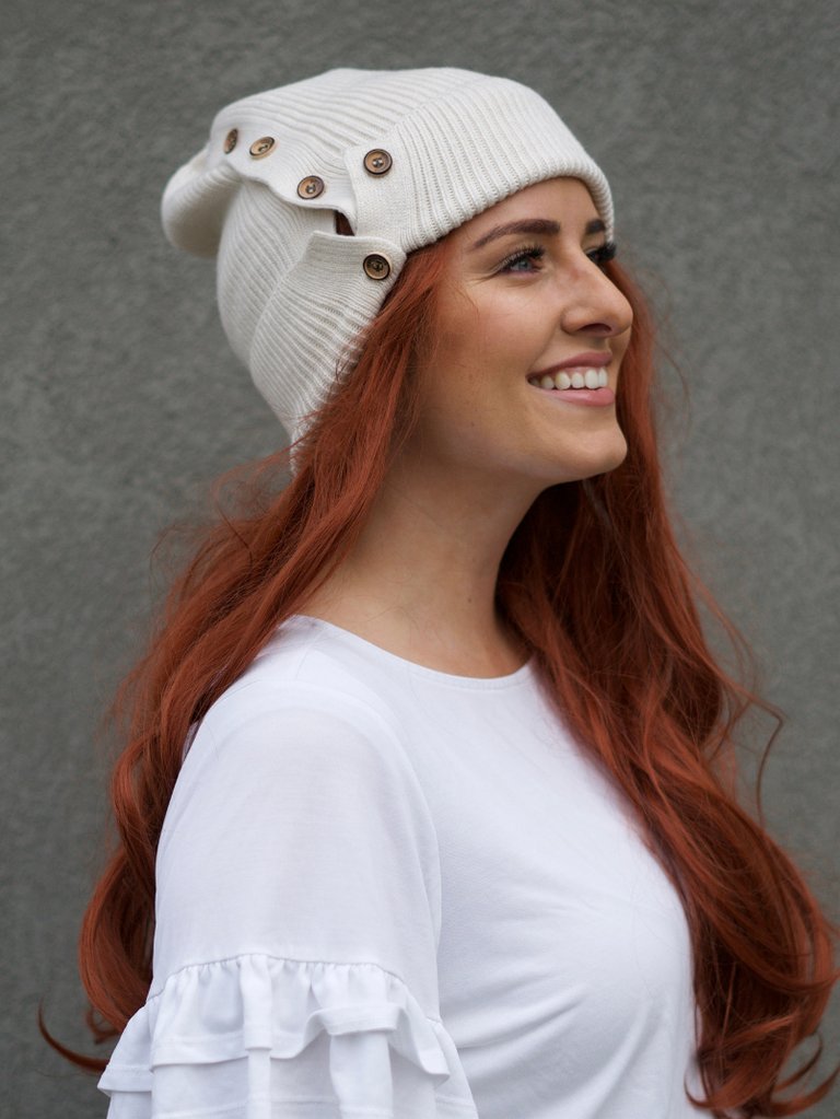 Slouchy Cream Button Up Beanie | Hidden Messy Bun Opening