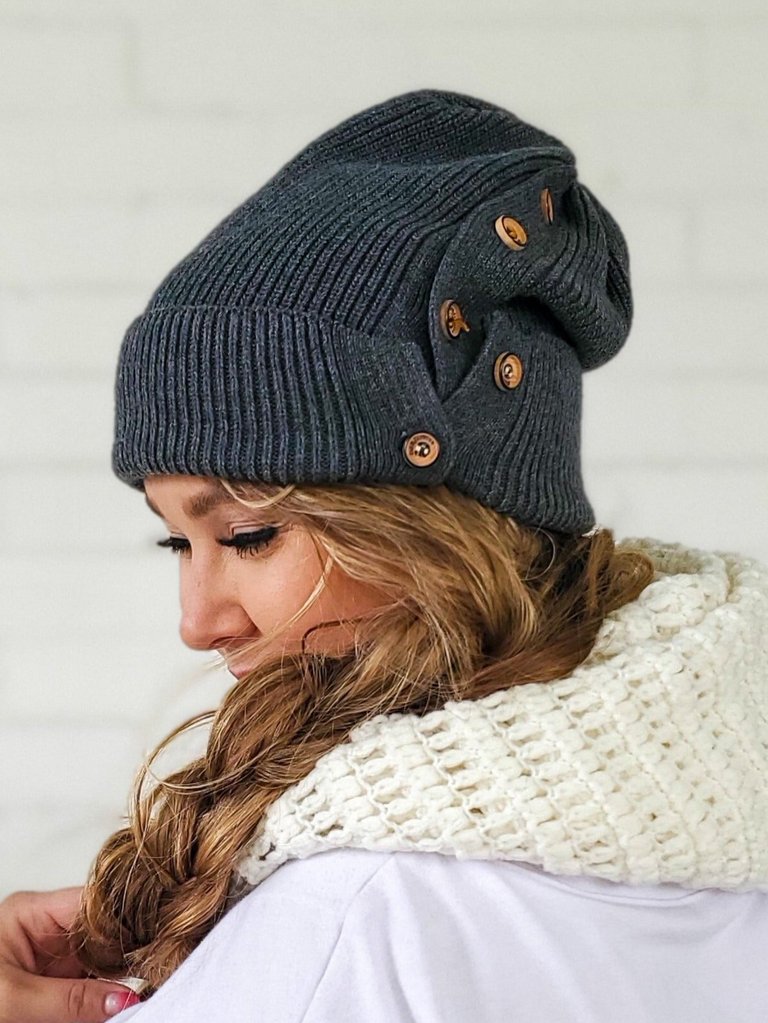 Slouchy Dark Grey Button Up Beanie | Hidden Messy Bun Hat Opening