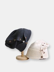 Slouchy Dark Grey Button Up Beanie | Hidden Messy Bun Hat Opening