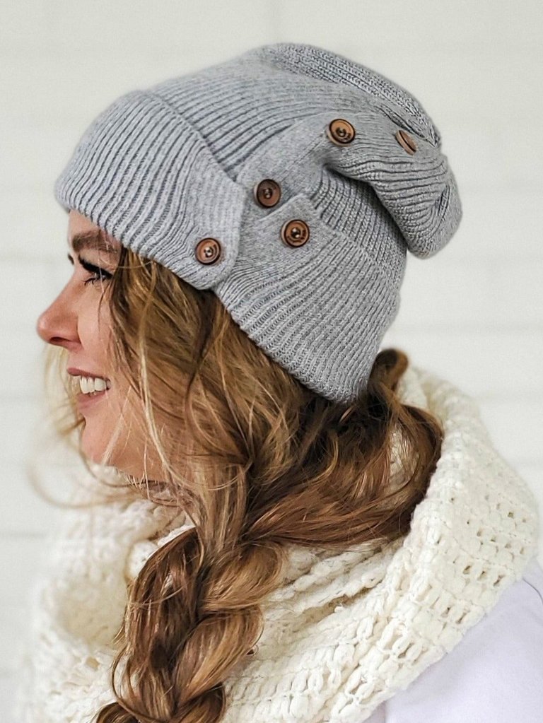 Slouchy Heather Grey Button Up Beanie | Hidden Messy Bun Opening - Heather Grey