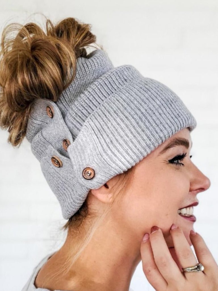 Slouchy Heather Grey Button Up Beanie | Hidden Messy Bun Opening