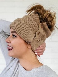 Slouchy Light Mocha Button Up Beanie | Hidden Messy Bun Opening - Light Mocha