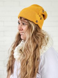 Slouchy Mustard Button Up Beanie | Hidden Messy Bun Hat Opening