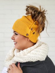 Slouchy Mustard Button Up Beanie | Hidden Messy Bun Hat Opening