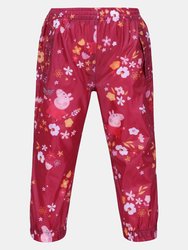 Childrens/Kids Floral Peppa Pig Packaway Waterproof Trousers - Berry Pink