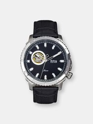 Reign Bauer Automatic Semi-Skeleton Leather-Band Watch - Silver/Black