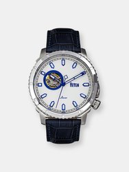 Reign Bauer Automatic Semi-Skeleton Leather-Band Watch - Silver/Blue