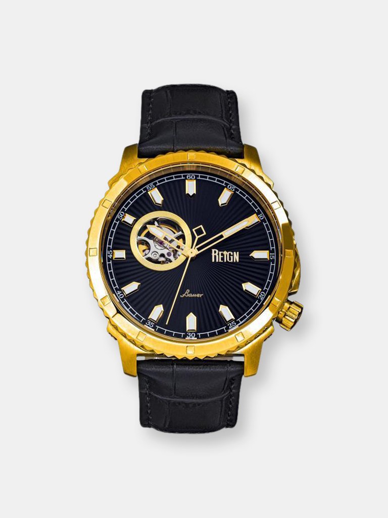 Reign Bauer Automatic Semi-Skeleton Leather-Band Watch - Gold/Black