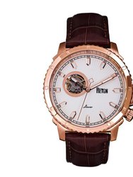 Reign Bauer Automatic Semi-Skeleton Leather-Band Watch - Rose Gold/White