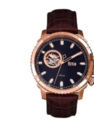 Reign Bauer Automatic Semi-Skeleton Leather-Band Watch - Rose Gold/Black