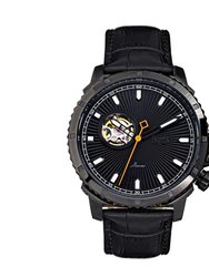 Reign Bauer Automatic Semi-Skeleton Leather-Band Watch - Black