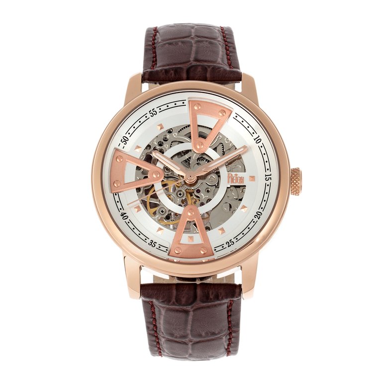 Reign Belfour Automatic Skeleton Leather-Band Watch - Rose Gold/Silver
