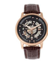 Reign Belfour Automatic Skeleton Leather-Band Watch - Rose Gold/Black