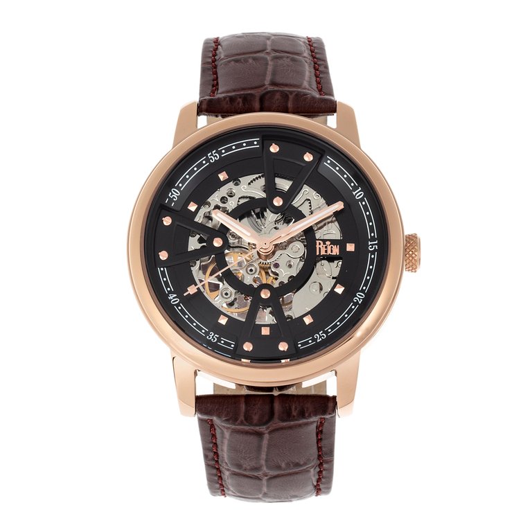 Reign Belfour Automatic Skeleton Leather-Band Watch - Rose Gold/Black