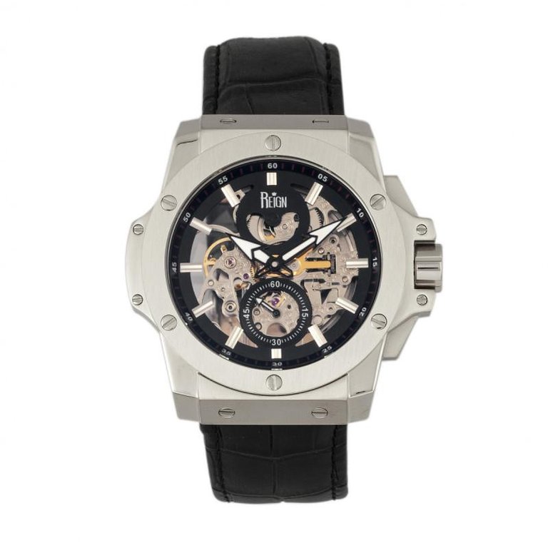 Reign Commodus Automatic Skeleton Men's Watch - Leather Band Silver/Black