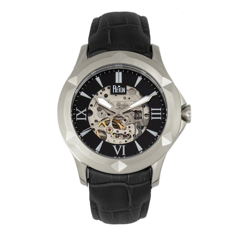 Reign Dantes Automatic Skeleton Dial Men's Watch - Leather Band Silver/Black