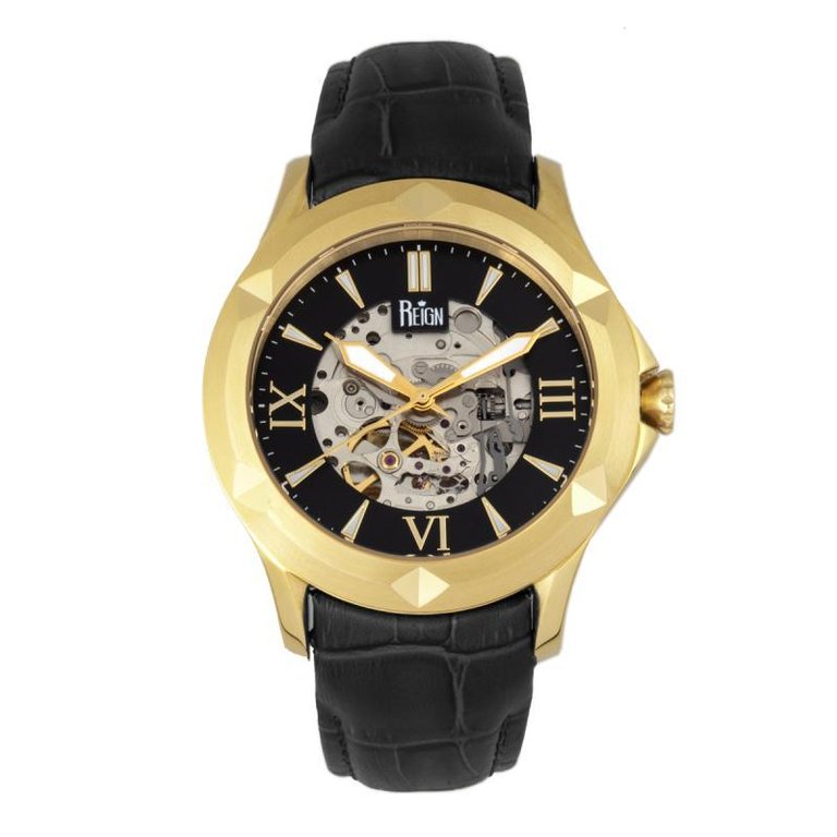 Reign Dantes Automatic Skeleton Dial Men's Watch - Leather Band Gold/Black