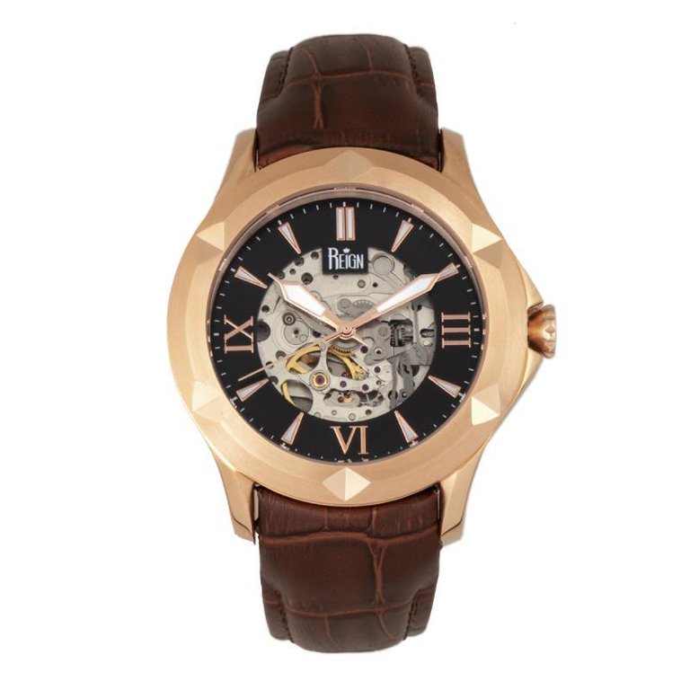 Reign Dantes Automatic Skeleton Dial Men's Watch - Leather Band Rose Gold/Brown