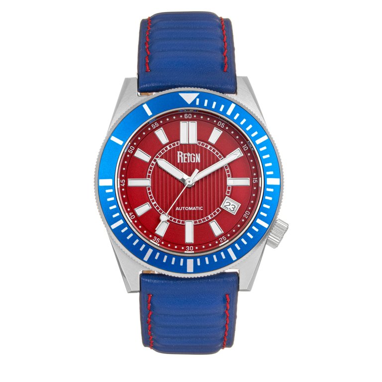 Reign Francis Leather-Band Watch w/Date - Blue/Red