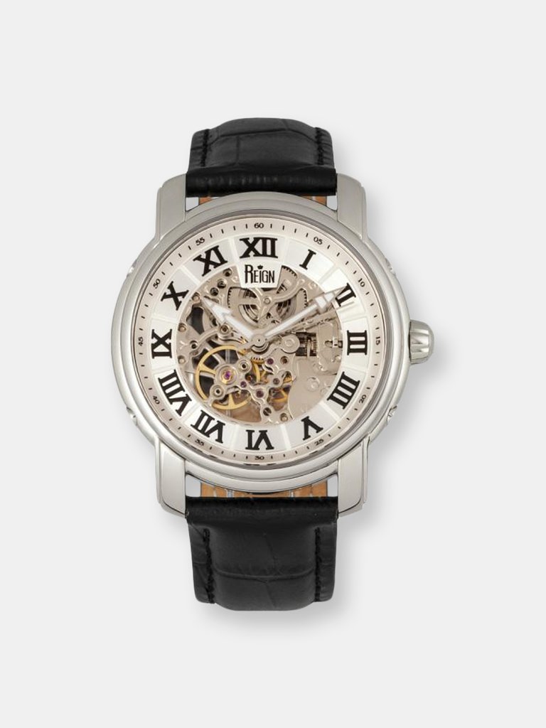Reign Kahn Automatic Skeleton Men's Watch - Leather Band Silver
