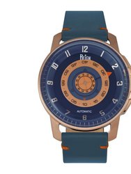 Reign Monarch Automatic Domed Leather-Band Watch - Rose Gold/Blue