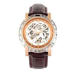 Reign Stavros Automatic Skeleton Leather-Band Watch - Rose Gold/White