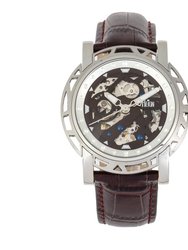 Reign Stavros Automatic Skeleton Leather-Band Watch - Silver/Dark Brown