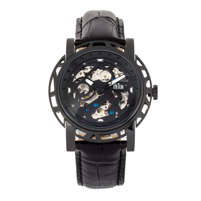 Reign Stavros Automatic Skeleton Leather-Band Watch - Black