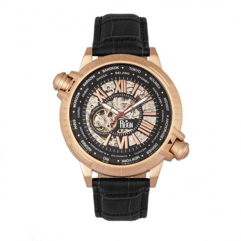 Reign Thanos Automatic Leather-Band Watch  - Rose Gold/Black