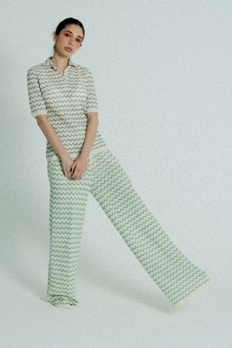 Light Weight Cotton Knit Long Wide Trousers - Green - Green