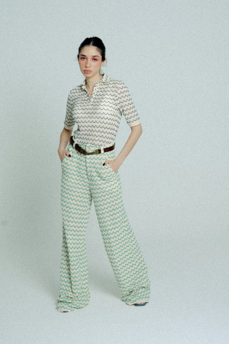 Light Weight Cotton Knit Long Wide Trousers - Green