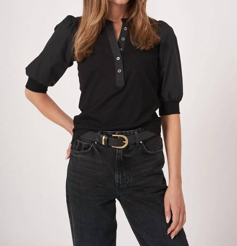 Henley Top With Short Puff Sleeves In Black - Black