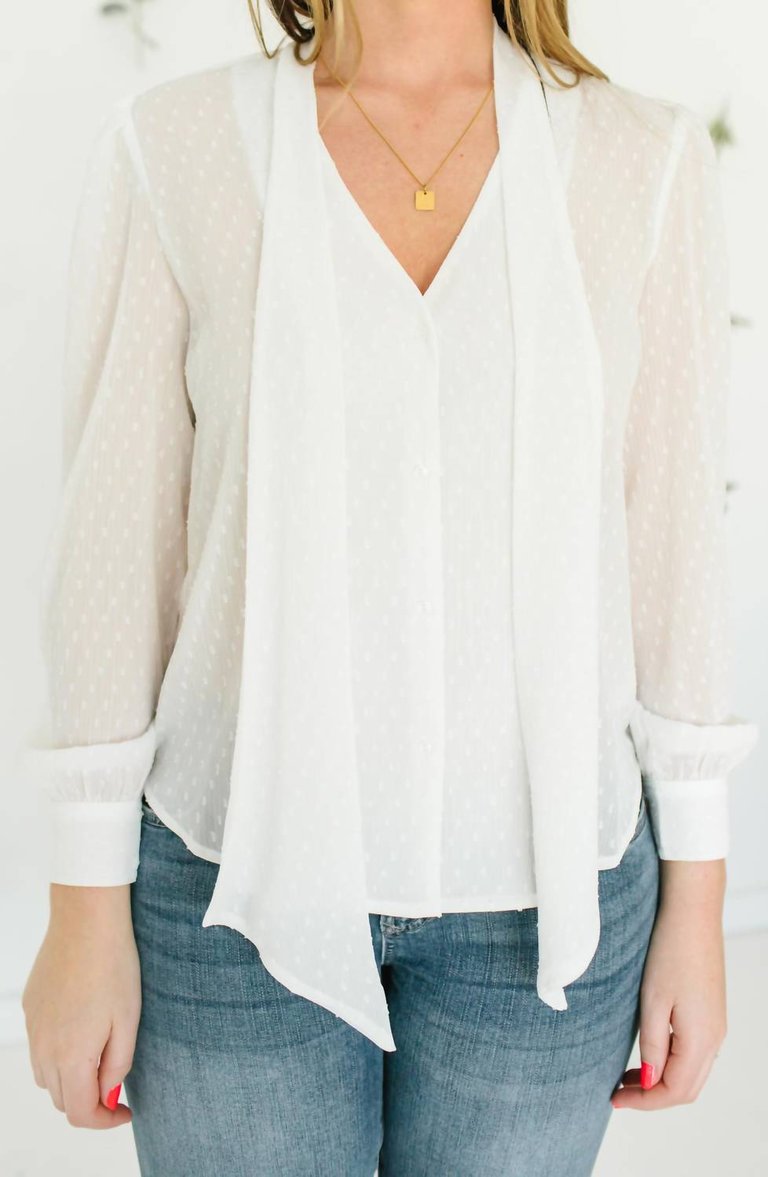 Long Sleeve Neck Tie Blouse In White - White