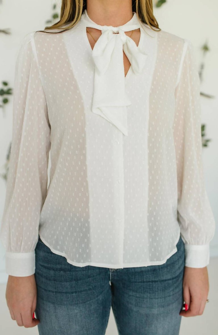 Long Sleeve Neck Tie Blouse In White