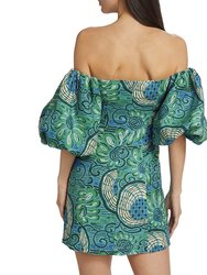 Women Dali Aquatic Bloom Blue Print Off The Shoulder Mini Sheath Dress